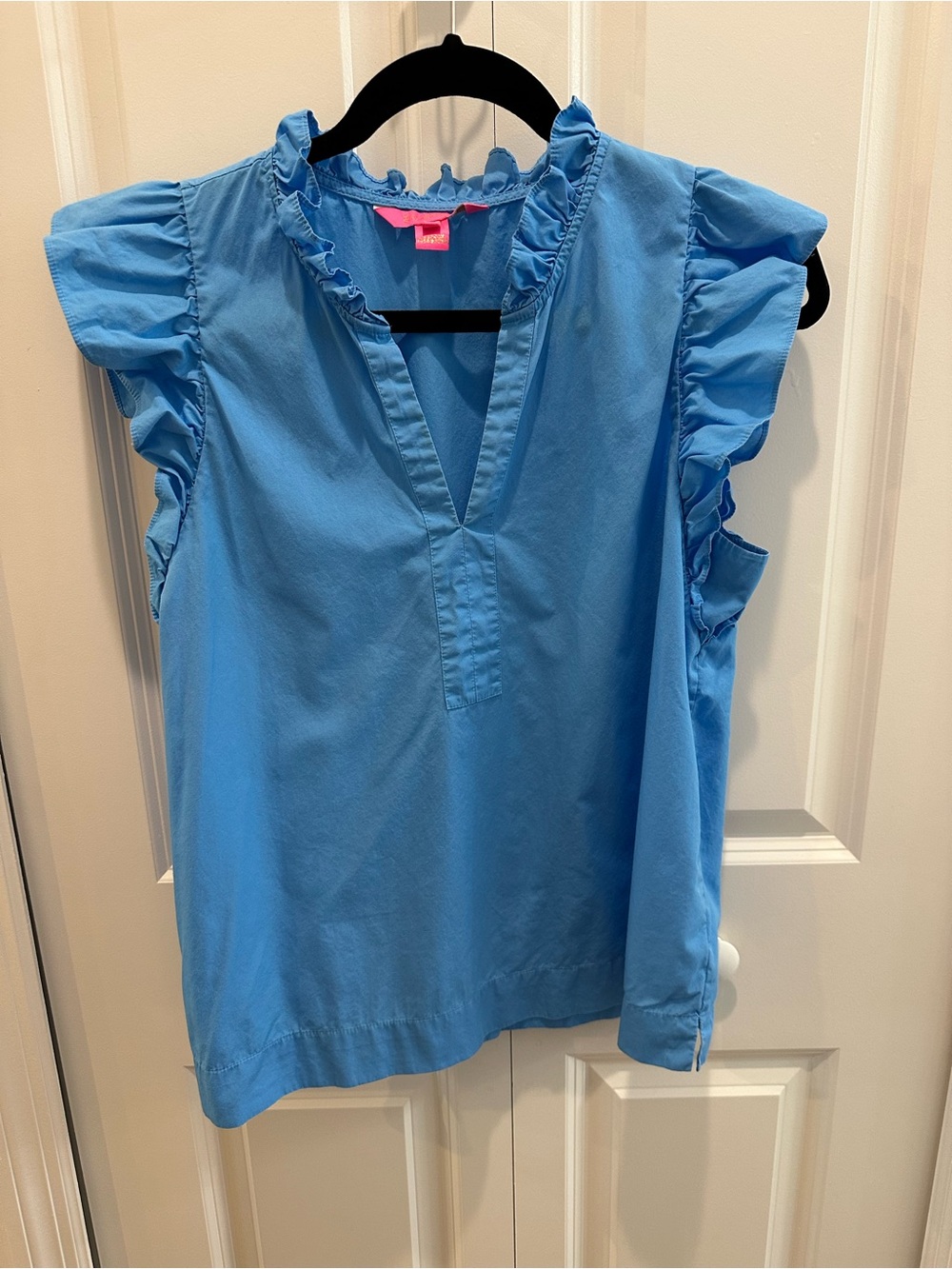 Lilly Pulitzer Sky Blue Ruffle Sleeve V-Neck Top 100% Cotton Size M